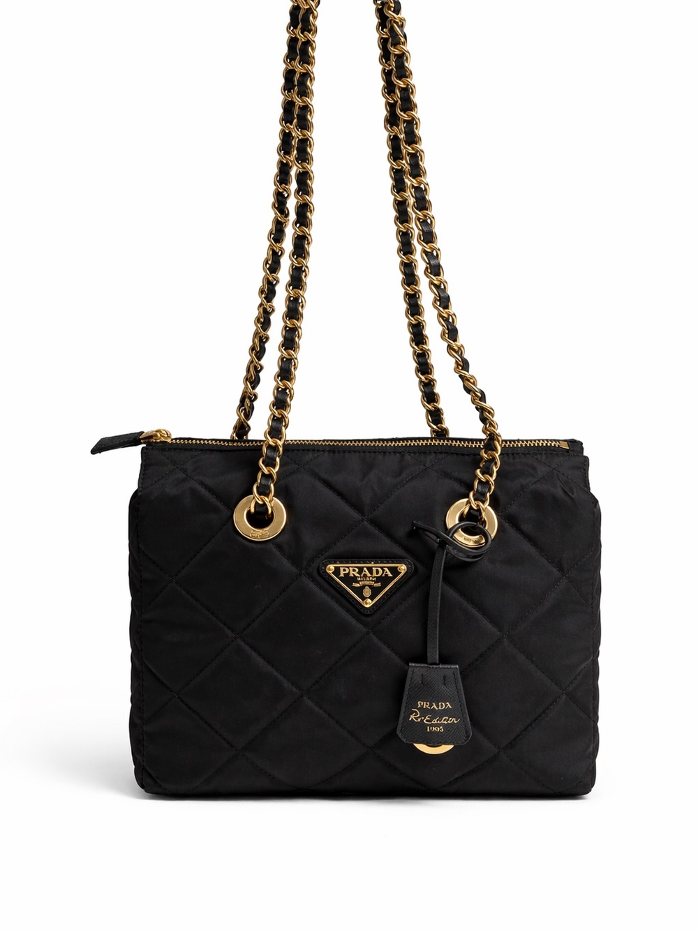 Prada Black Quilted Nylon Shoulder Bag with Gold Chain Straps and Logo Plaque
